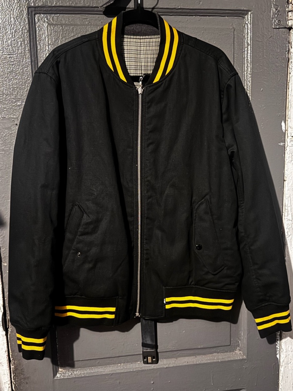 Rag and bone Black / plaid Bomber Jacket with Yellow Stripe Trim